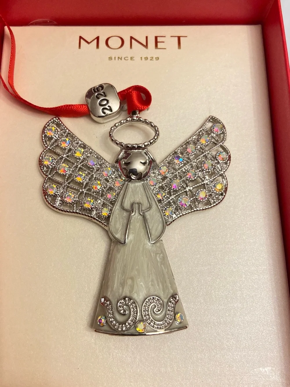 Monet 2025 Angel With Wings Rhinestones Encrusted Ornament With Gift Box.